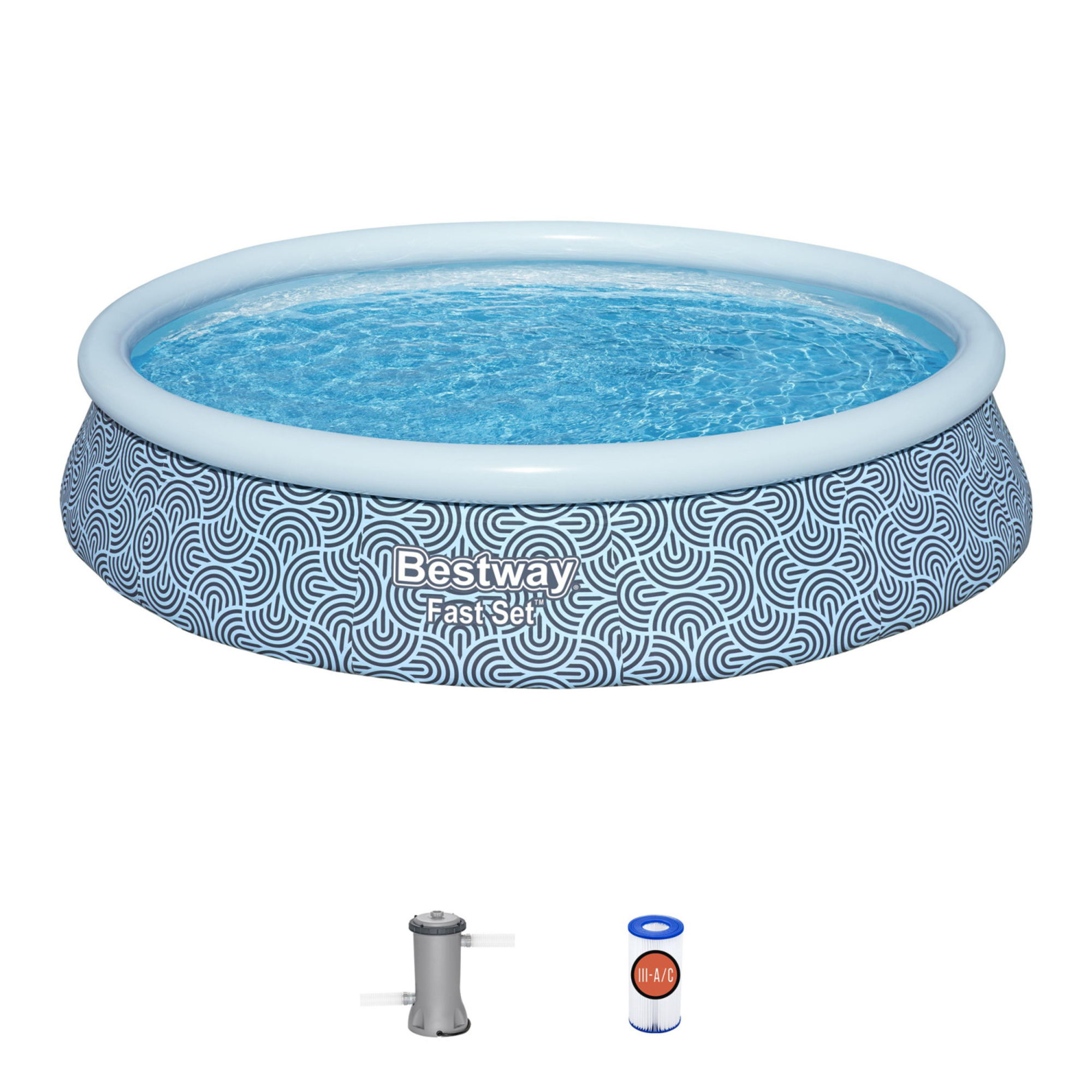 Bestway Fast Set, 13' x 33" Inflatable Round Pool Set, Blue Abstract, Above Ground Swimming, Tritech Construction